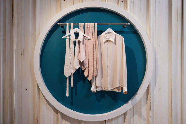Ana Mendes, Salmon Pantone Collection, 2019-ongoing, mixed technique (second hand ties, custom made ties and shirt (AM x YJ&MP), natural dyes, wood bar, hangers), dimensions variable, exhibition view ‘Voir la mer’, MAIF Social Club, Paris, 2025. Photo courtesy of Jean-Louis Carli / MAIF